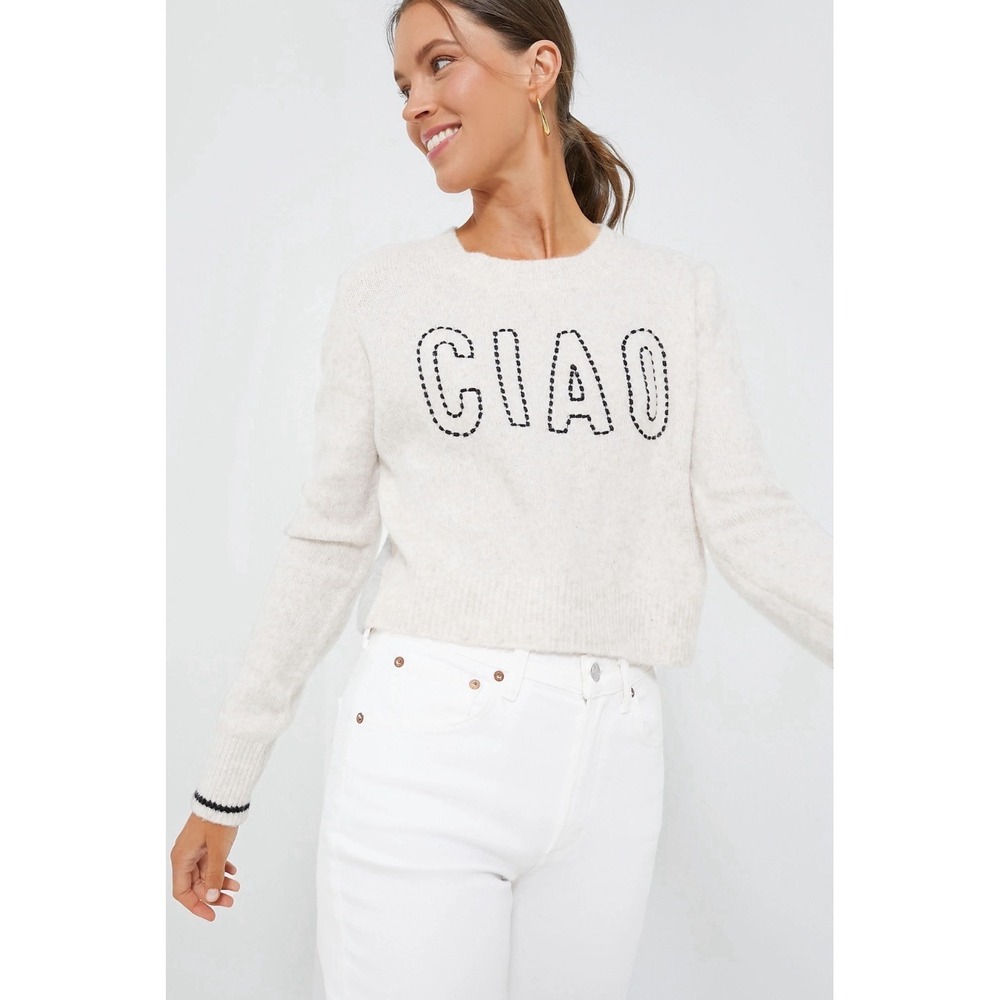 Z Supply Sweater Womens XS Oatmeal Beige Ciao Crewneck Pullover Knit Black Trim